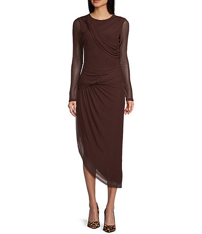 GB Long Sleeve Solid Mesh Midi Dress