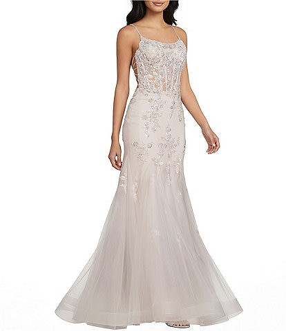 GB Mermaid Beaded Applique Lace Back Gown