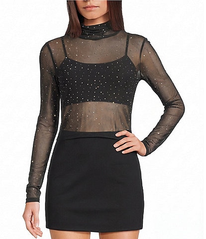 GB Mesh Bedazzled Turtleneck Top