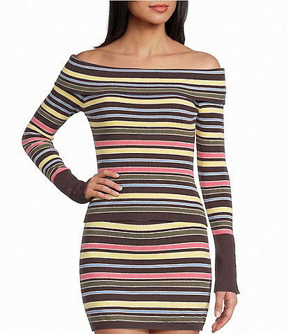 GB Off-The-Shoulder Striped Coordinating Sweater