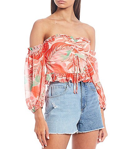 GB Off-The-Shoulder Sweetheart Neck Cinched Tie Front Tropical Ruffle Cropped Top