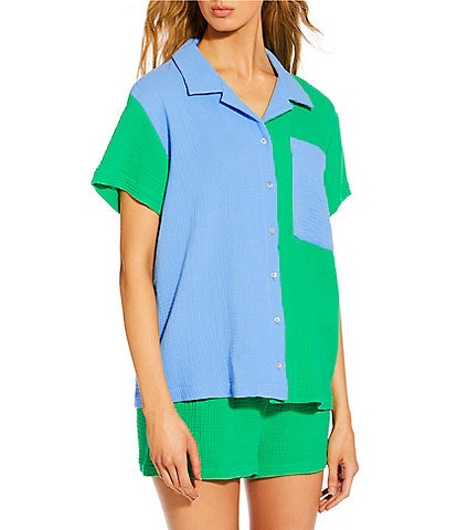 GB Oversize Colorblock Button Down Shirt Swimsuit Cover-Up