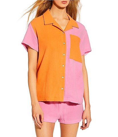 GB Oversize Colorblock Button Down Shirt Swimsuit Cover-Up