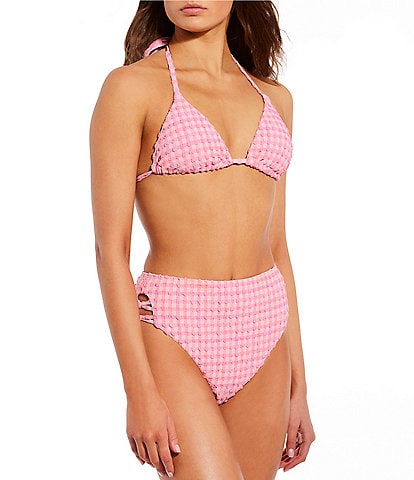 GB Pink Seersucker Textured Classic Triangle Swim Top & Knotted Side High Waisted Swim Bottom