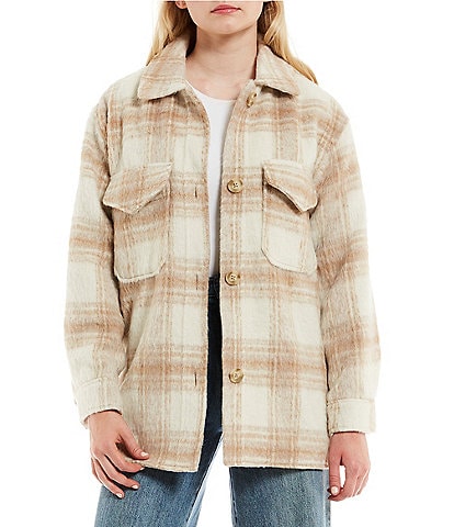GB Plaid Button Front Stand Collar Cozy Shirt Jacket
