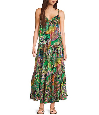 GB Leaf Print V-Neck Tie-Back Tiered A-Line Maxi Dress