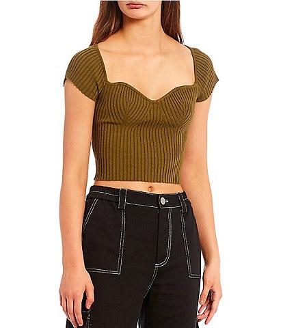 GB Ribbed Sweater Knit Sweetheart Neck Cropped Top