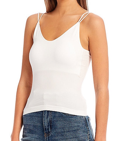 GB Juniors Ribbed Scoop Neck Double Spaghetti Strap V-Back Cropped Tank Top