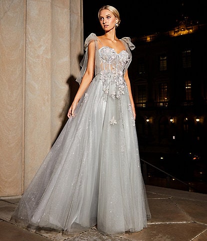 Buy Grey Crinkle Tulle Embroidered Sequin Bandeau Overlay Gown For