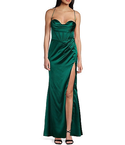 Emerald-green Satin Off-shoulder Slit Prom Dress - Xdressy