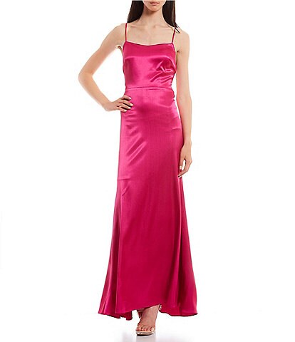 GB Social Spaghetti Strap Square Neck Lace-Up Ruched Back Satin Formal Gown