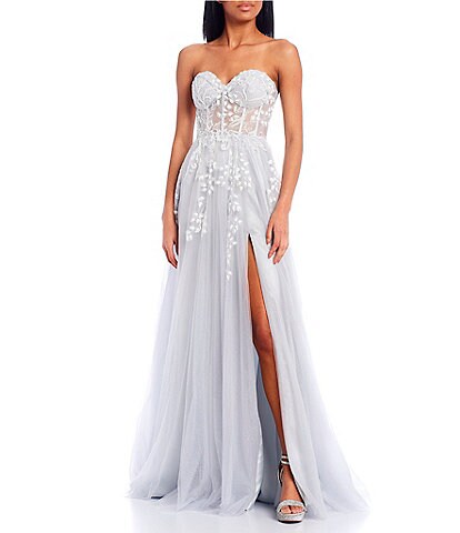 GB Strapless Illusion Embroidered Corset Slit Hem Glitter Tulle Ball Gown