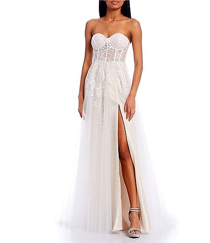 GB Strapless Illusion Embroidered Corset Slit Hem Glitter Tulle Ball Gown