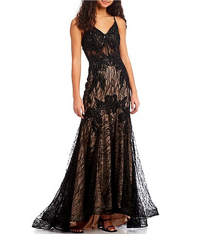 dillards.com | Social V-Neck Lace-Up Back Embroidered Lace Mermaid Gown