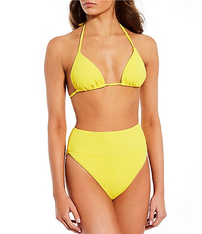 GB Solid Scrunchie Textured Classic Triangle Swim Top & Wide Band High Waisted Swim Bottom