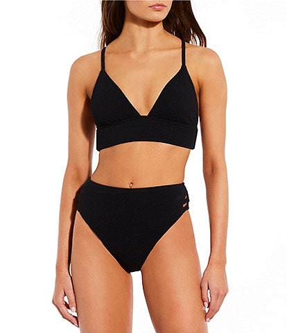 GB Solid Scrunchie Textured Cropped Triangle Swim Top & Knotted Side High Waisted Swim Bottom