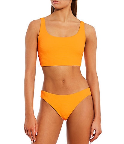 GB Solid Scrunchie Textured Scoop Neck Cropped Swim Top & Classic Hipster Swim Bottom