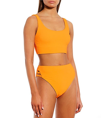 GB Solid Scrunchie Textured Scoop Neck Cropped Swim Top & Knotted Side High Waisted Swim Bottom