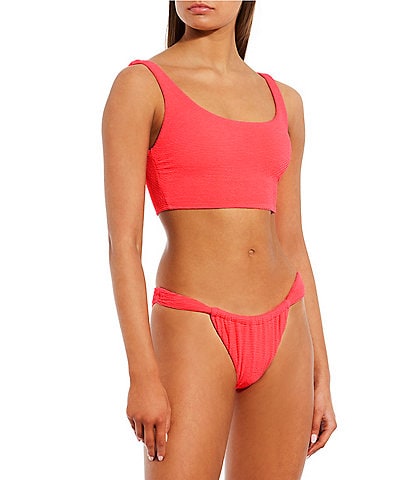 GB Solid Scrunchie Textured Scoop Neck Cropped Swim Top and Tanga High Leg Hipster Swim Bottom