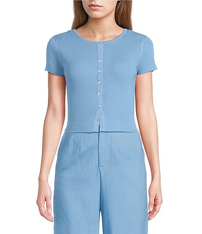 GB Solid Split Rib Crew Neck Short Sleeve Button Front Sweater Cardigan