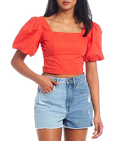 GB Square Neck Puff Sleeve Poplin Cropped Top