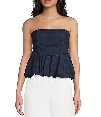 GB Strapless Denim Bubble Hem Peplum Top
