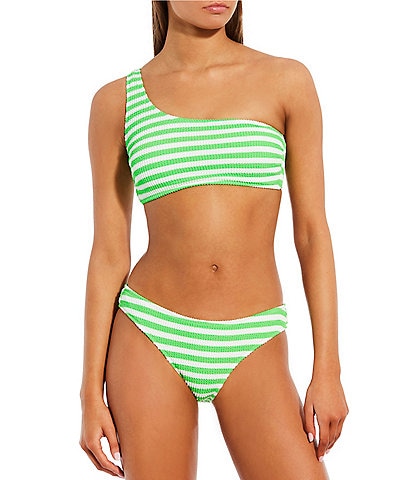 GB Stripe Scrunchie Textured One Shoulder Swim Top & Classic Hipster Swim Bottom