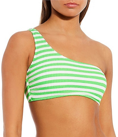 GB Stripe Scrunchie Textured One Shoulder Swim Top