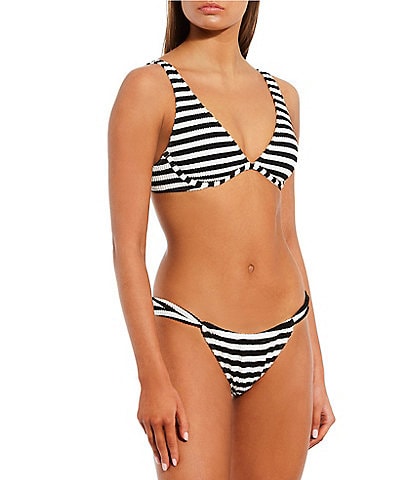 GB Stripe Scrunchie Textured Plunge Underwire Swim Top & Stripe Scrunchie Textured Tanga High Leg Hipster Swim Bottom