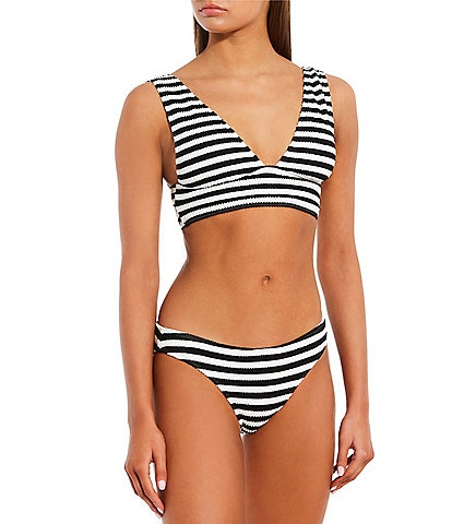 GB Stripe Scrunchie Textured Wide Strap Longline Bralette Swim Top & Classic Hipster Swim Bottom