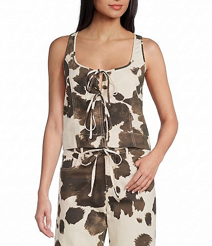 GB Tie Front Cow Print Coordinating Tank Top
