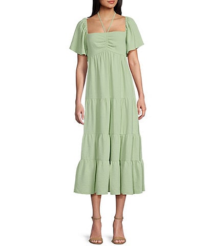 GB Tie Neck Short Sleeve Tiered Midi Dress