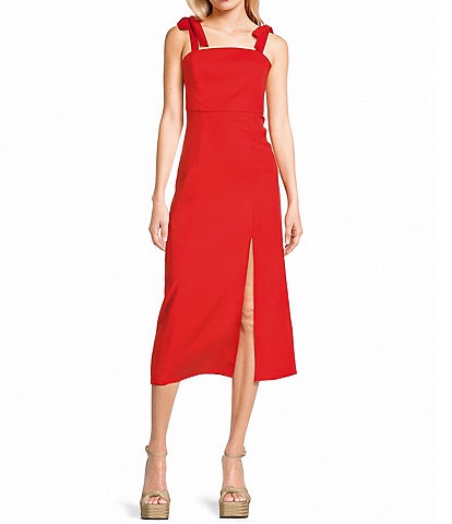 GB Tie Shoulder Linen Blend Midi Dress