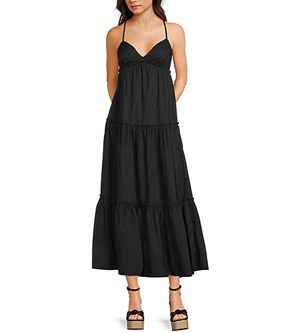 GB Tiered V-Neck Sleeveless Tie-Back A-Line Maxi Dress