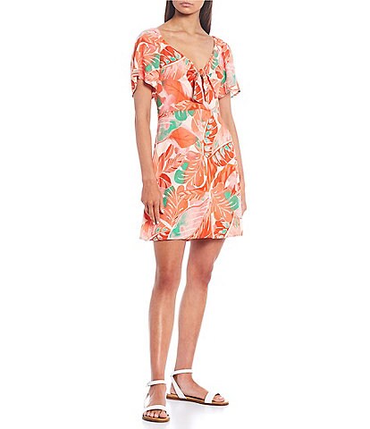 GB Tropical Flounce Short Sleeve Tie Front Mini Dress