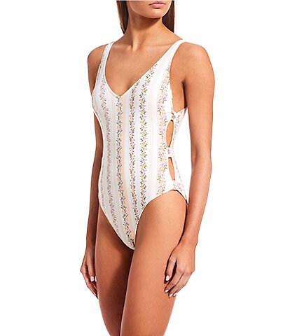 GB Walk Side Floral Print Knotted Cut Out High Leg One Piece Swimsuit