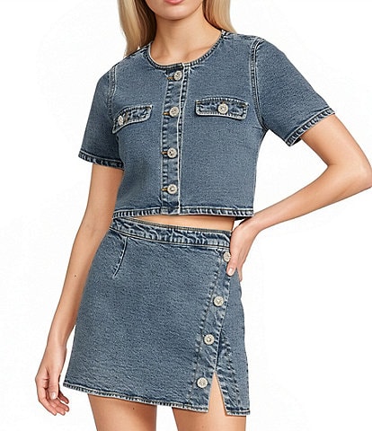 GB Woven Denim Coordinating Pearl Button Top