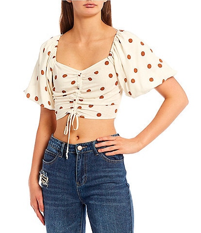 GB Woven Dotted Cinched Front Cropped Top