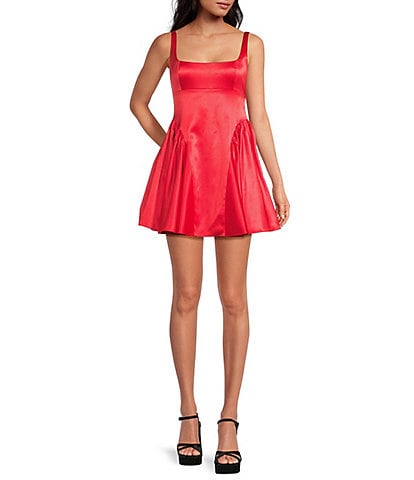 Gianni Bini Addison Satin Square Neck A-Line Drop Waist Mini Dress