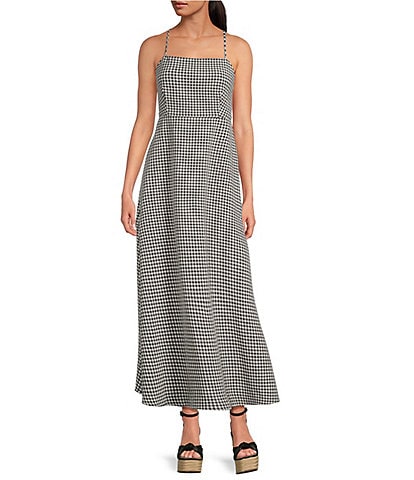 Gianni Bini Amelia Gingham Square Neck Sleeveless Tie Back Midi A-Line Dress