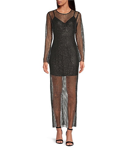 Gianni Bini Amora Rhinestone Crochet Sheer illusion Crew Neck Long Sleeve Sheath Midi Dress