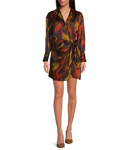 Gianni Bini Avery Border Blur Satin Point Collar V-Neck Long Sleeve Tie Side Wrap Mini Dress