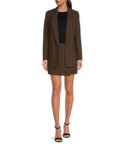 Gianni Bini Belle Stretch Suiting Brown Check Coordinating Faux Wrap Mini Skirt