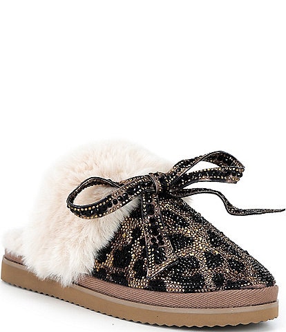 Gianni Bini Cheeree Leopard Embellished Rhinestone Bow Faux Fur Slippers
