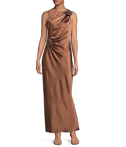 Gianni Bini Cheyanne Satin 3D Rosettes Cutout Round Neck Sleeveless Ruched Slip Maxi Dress