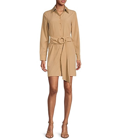 Gianni Bini Connie Long Sleeve Button Down Collar Belted Poplin Shirt Dress