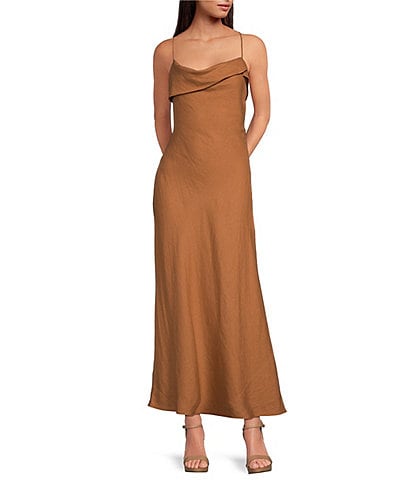 Gianni Bini Cosette Asymmetrical Drape Neck Sleeveless Linen Maxi Dress