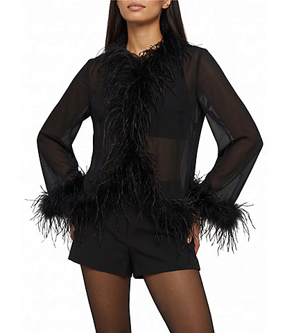 Gianni Bini Dakota Feather Trim V-Neck Long Sleeve Chiffon Top