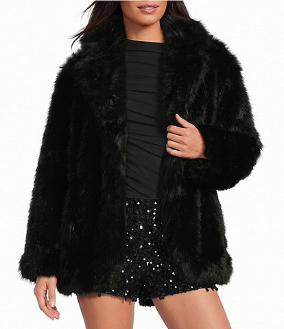 Gianni Bini Delta Notch Collared Long Sleeve Fur Jacket