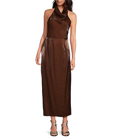 Gianni Bini Dorinda Bonded Lame Mock Neck Sleeveless Sheath Maxi Dress